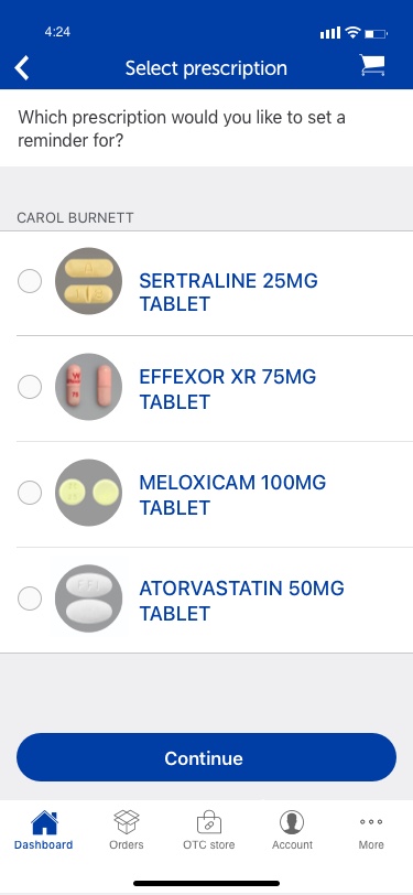 If you have dependents, we’ll start by asking if the reminder is for you or someone else. Otherwise, we’ll skip right to the next step: showing all of the prescriptions you’re taking at Humana Pharmacy. Here, we’ll ask you which one you’d like to set reminders for first.