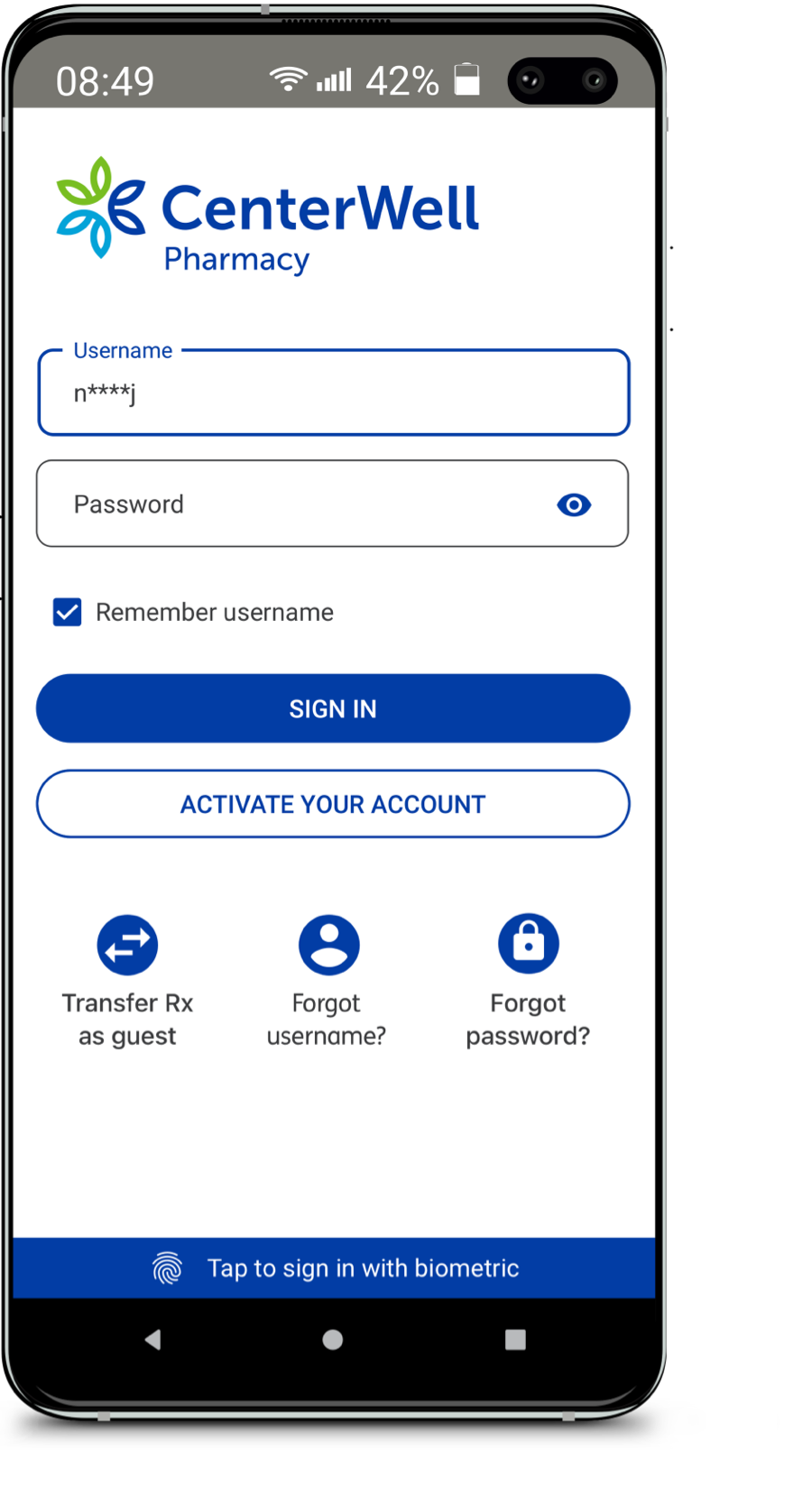 Aplicación CenterWell Pharmacy para Android mostrando la pantalla de inicio de sesión