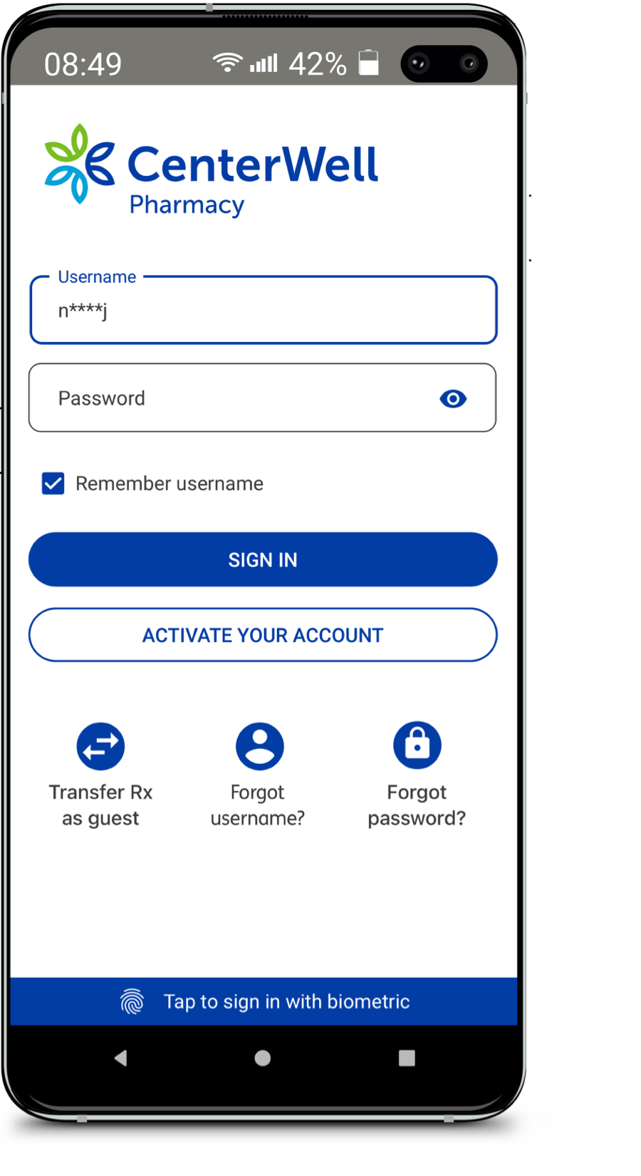 CenterWell Pharmacy Android App showing the Sign in screen