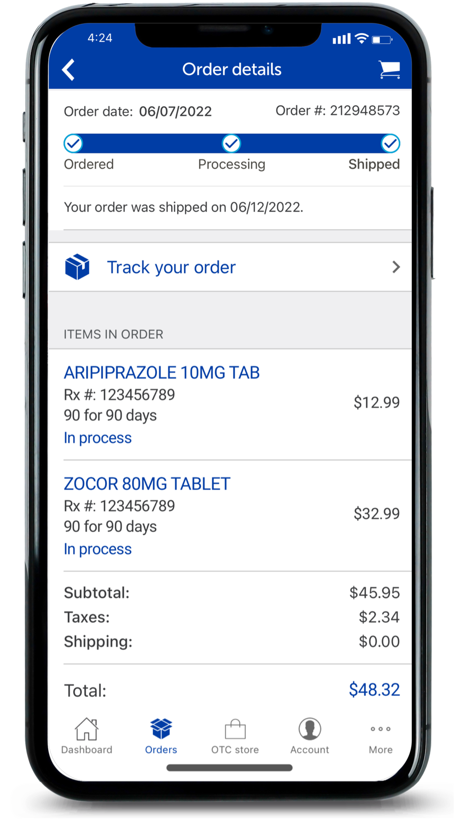 CenterWell Pharmacy app showing order tracking