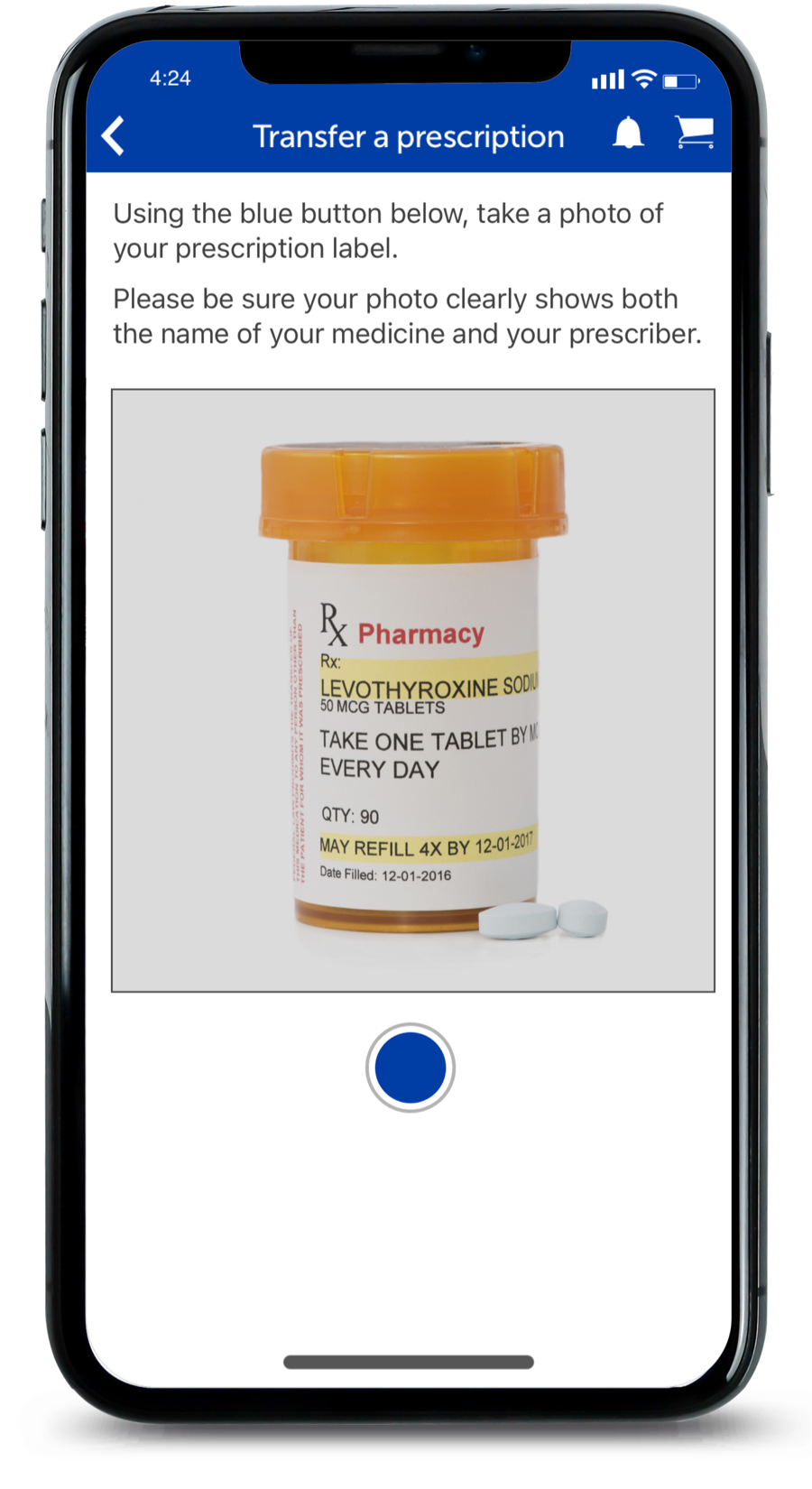 Aplicación CenterWell Pharmacy mostrando el proceso de transferencia