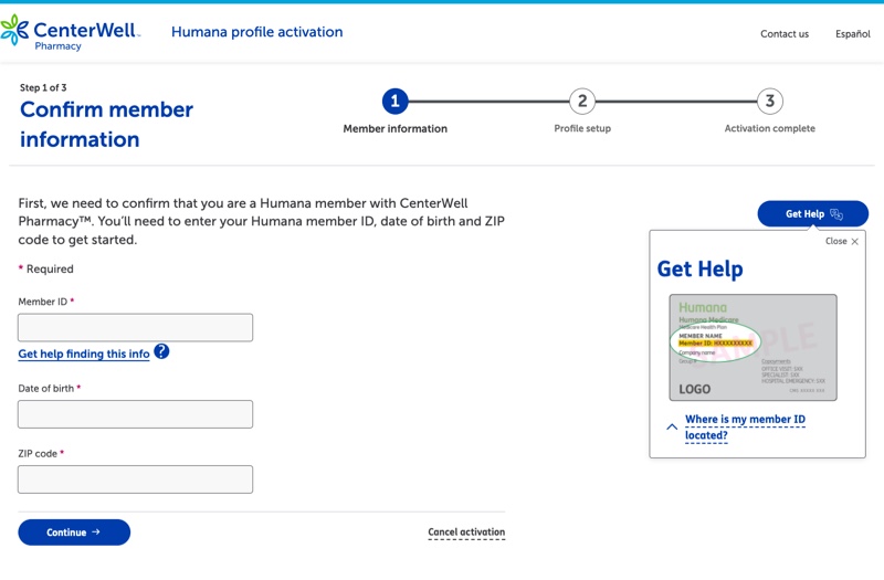 Humana online profile activation screenshot.