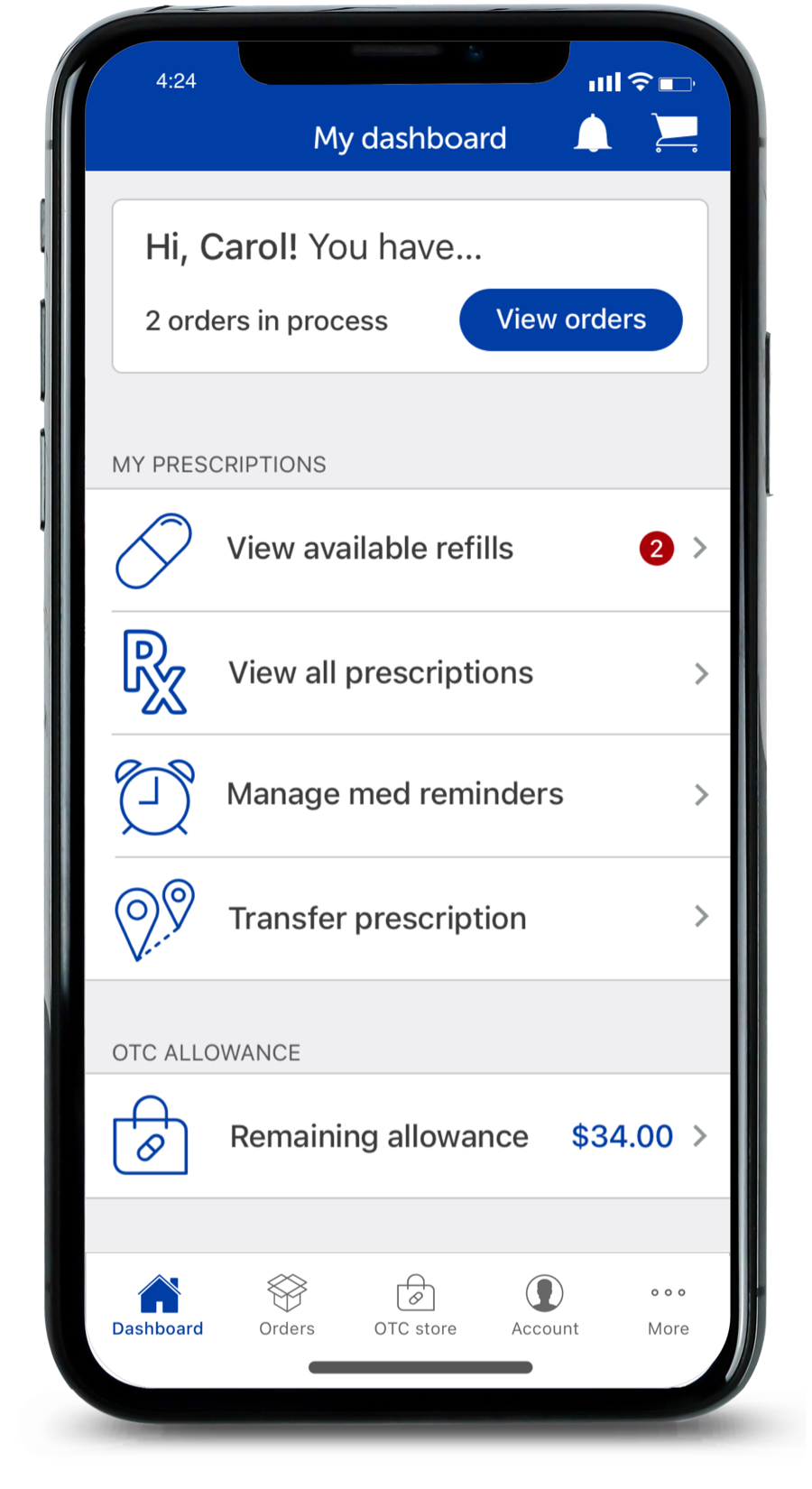 CenterWell Pharmacy app showing refills