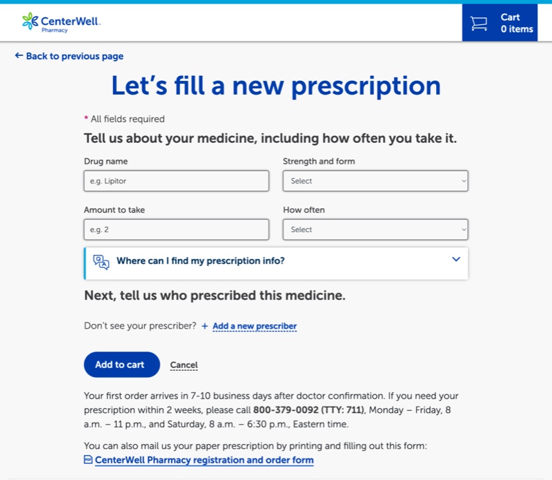 Screenshot of Fill a new prescription page